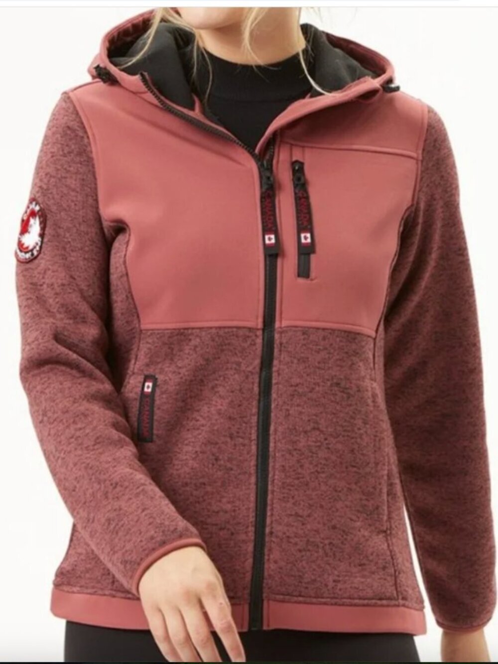 {Canada Weather Gear} Two-Tone Hooded Fleece Jacket | Heather Cranberry ~ XL